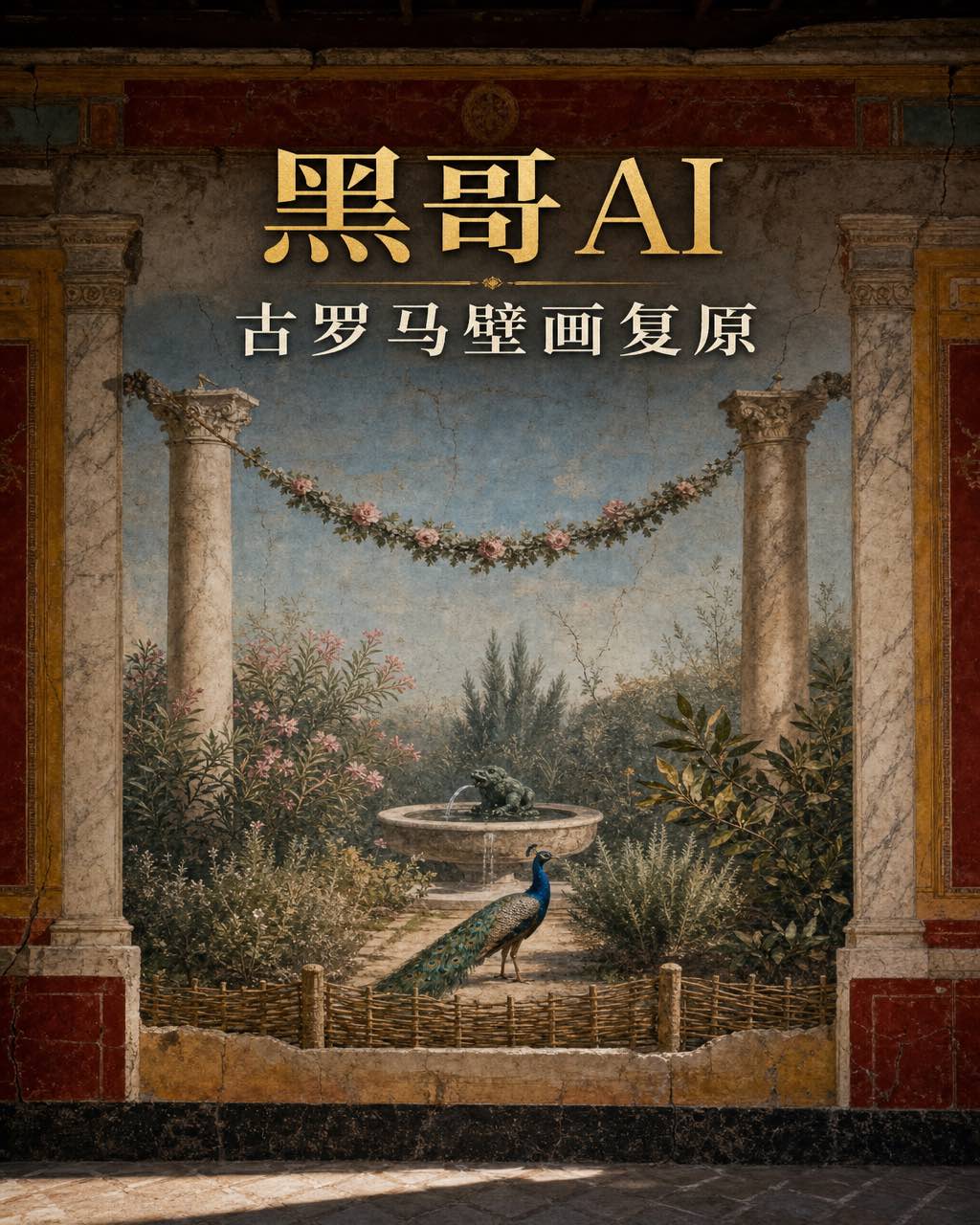 古罗马第二样式幻觉壁画，花园中孔雀、青铜蛙喷泉、夹竹桃与大理石柱间玫瑰花环。