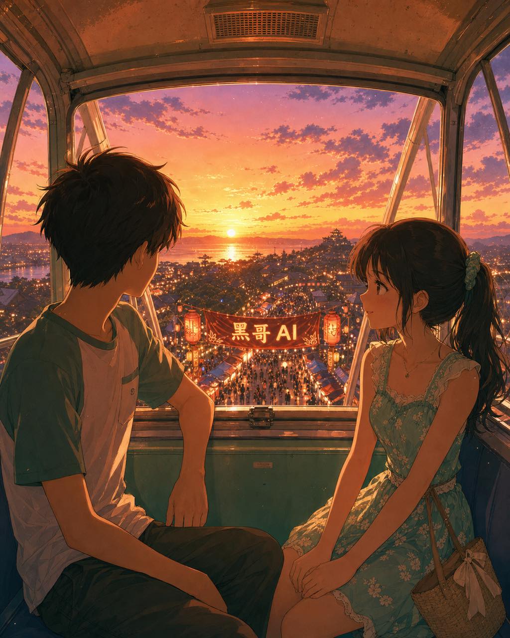 温暖怀旧动漫画面，男女生摩天轮缆车内，橘色至紫色夕阳，下方节日灯光，窗外横幅"Tanabata Matsuri"。