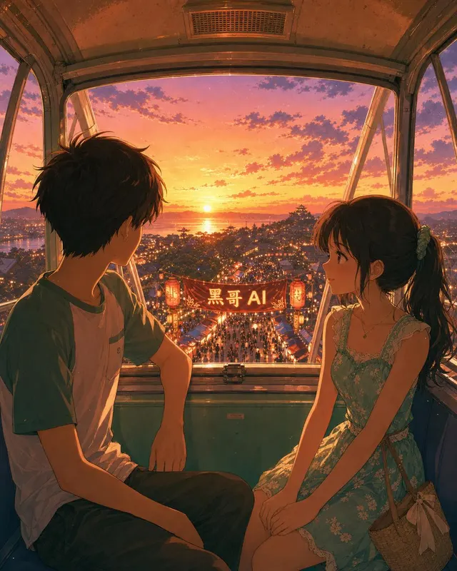 Warm nostalgic anime still of a boy and girl inside a ferris wheel gondola at sunset, tangerine-to-violet sky, festival lights below, banner reading Tanabata Matsuri outside.