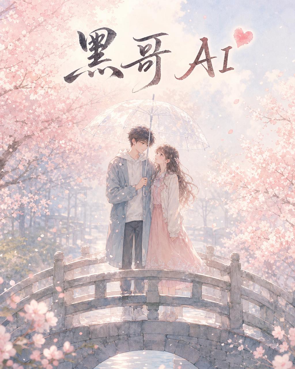 柔和水彩少女风格动漫画面，两名学生在樱花桥上共撑雨伞，花瓣飘落，上方字幕"Sakura Iro no Tegami"。