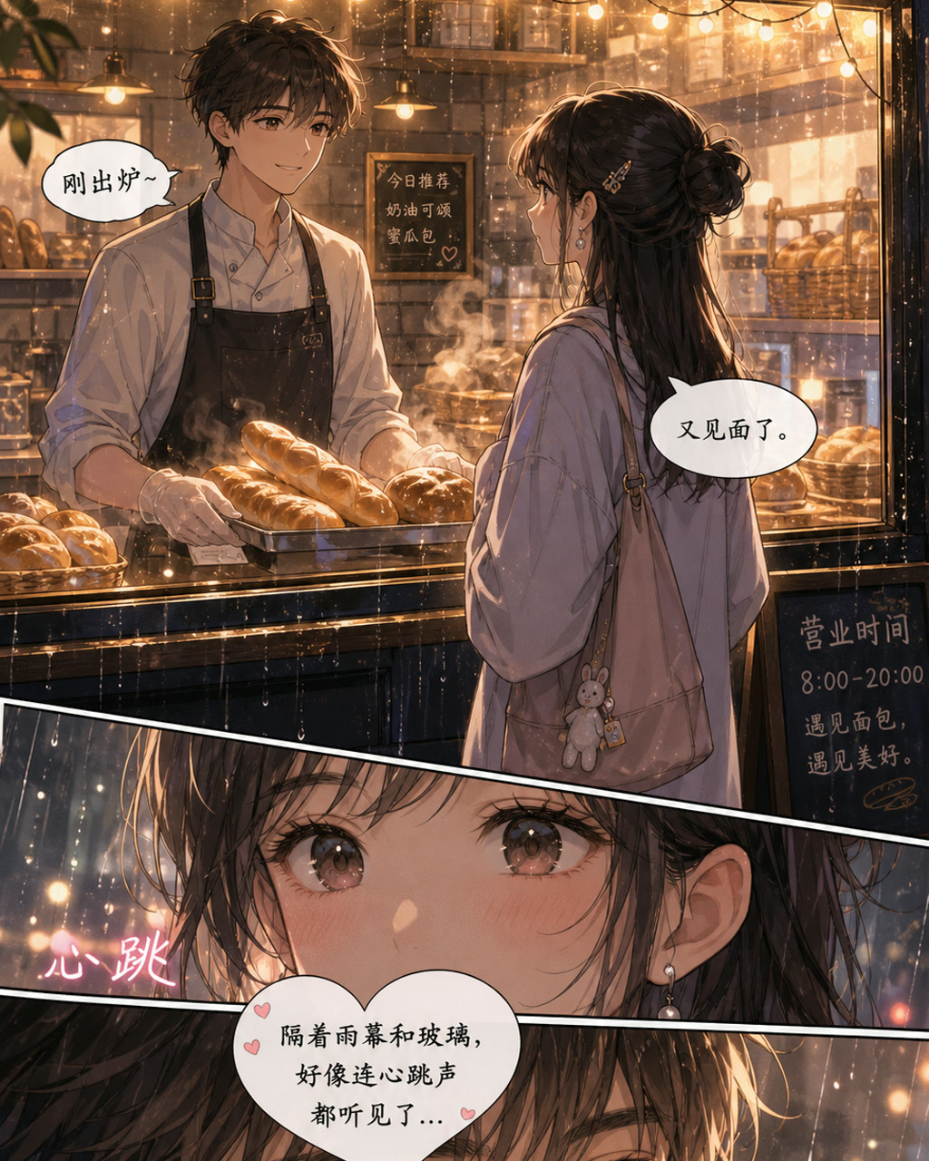 恋爱条漫画面包房橱窗，原创漫画风格样本，包含清晰漫画版式、角色动作和可见中文标题。