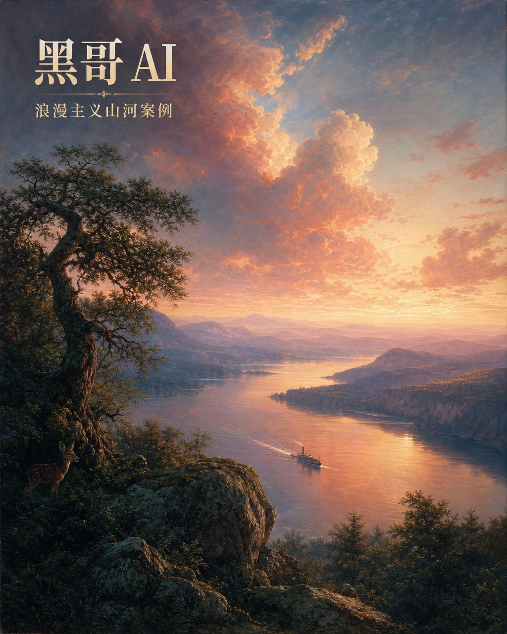 哈德逊河派风格黎明风景，金光河谷、巨大积云泛琥珀粉光，前景阴影中有一头小鹿。