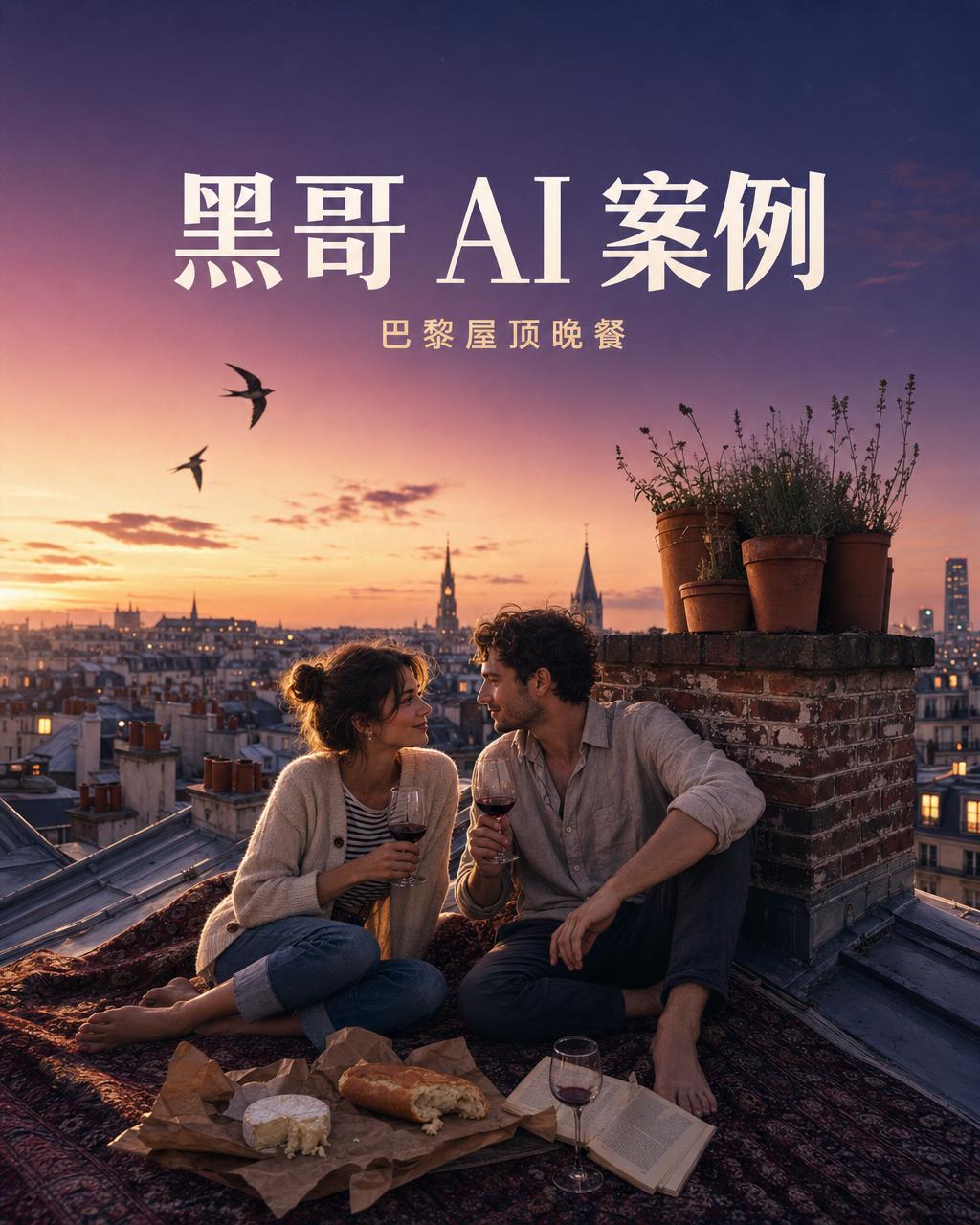 巴黎锌皮屋顶上情侣坐在波斯地毯上分享红酒法棍与布里芝士，背景薰衣草色屋顶与尖塔。