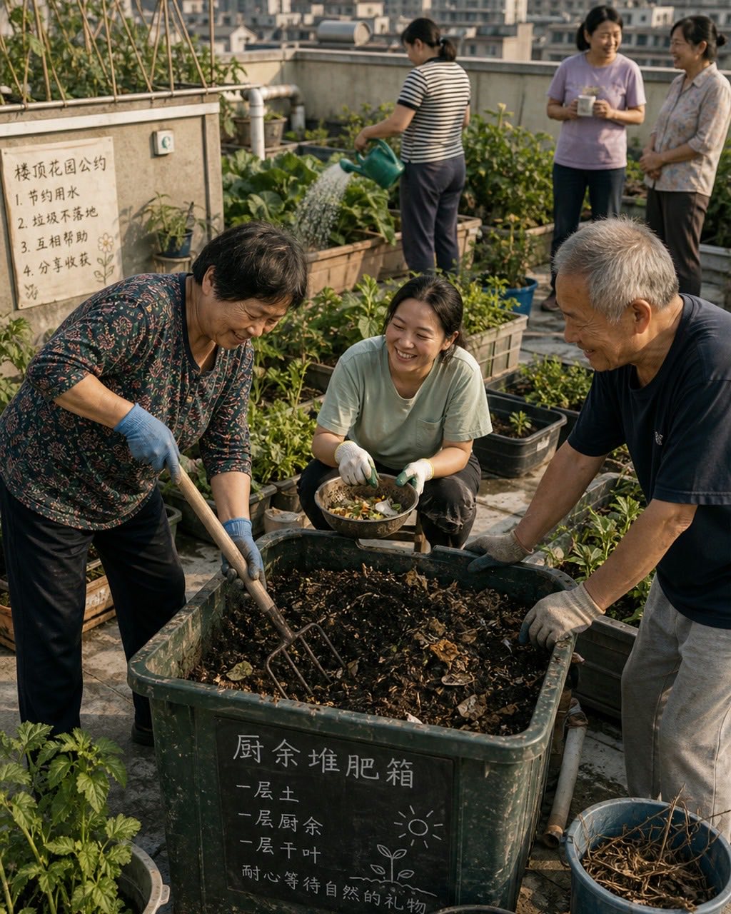 楼顶堆肥花园邻里案例图，居民楼屋顶菜园，邻居们翻堆肥、浇菜、聊天，背景城市楼群，生态行动具体真实。
