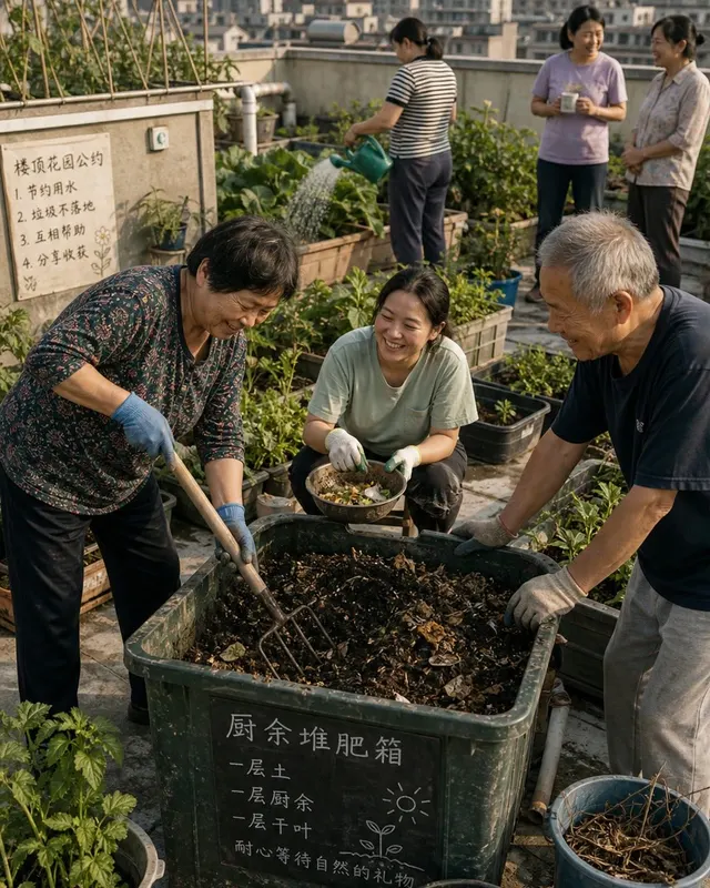 楼顶堆肥花园邻里案例图,居民楼屋顶菜园,邻居们翻堆肥、浇菜、聊天,背景城市楼群,生态行动具体真实。