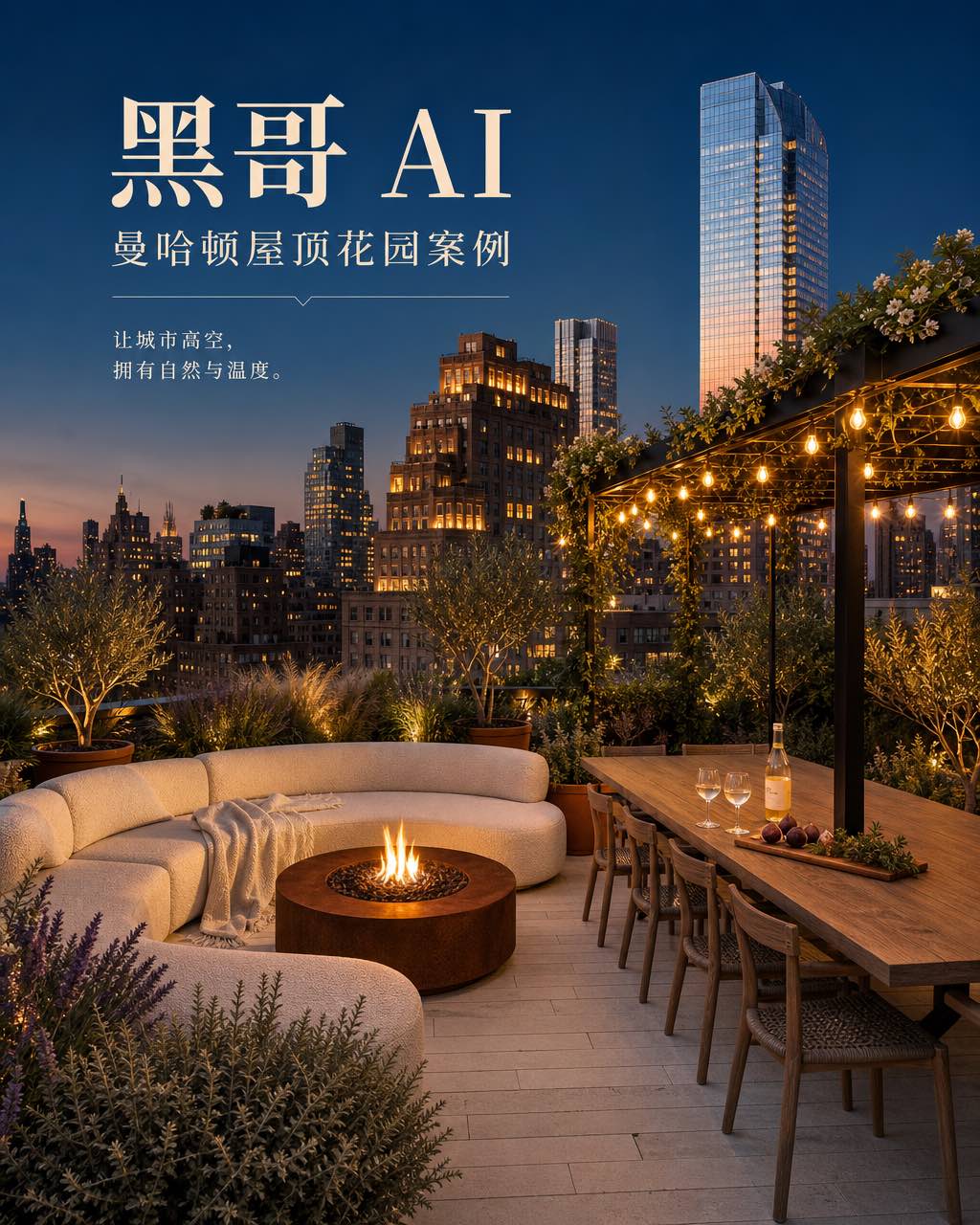 暮色屋顶花园，弧形奶白沙发环绕火坑，茉莉藤架挂串灯，背景曼哈顿天际线。