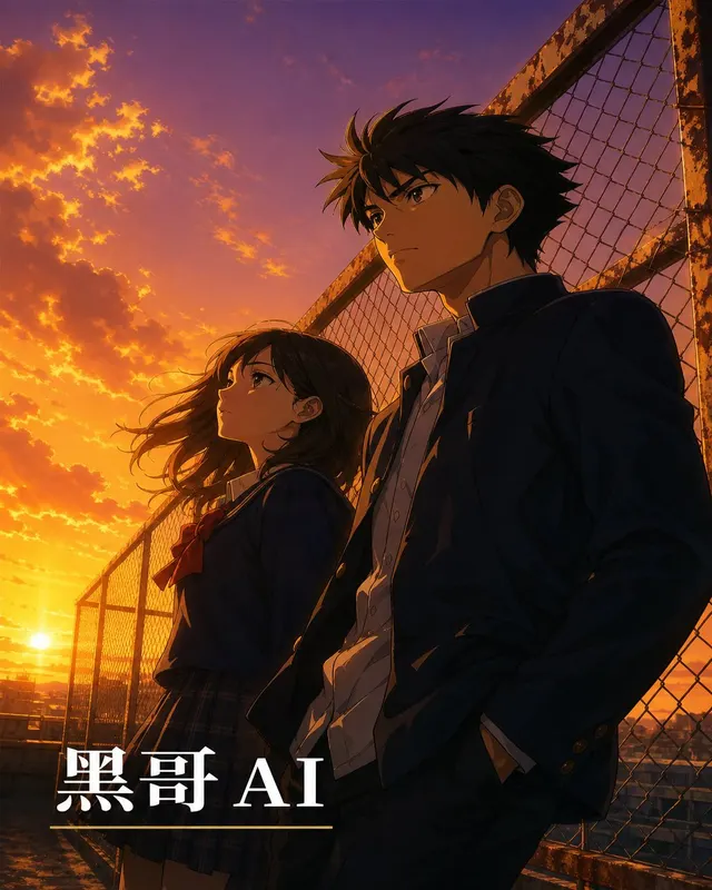 Cel-shaded anime still of two school students on a rooftop at golden hour, silhouetted against a deep amber sunset sky with a title card reading Kimi no Zanzo.