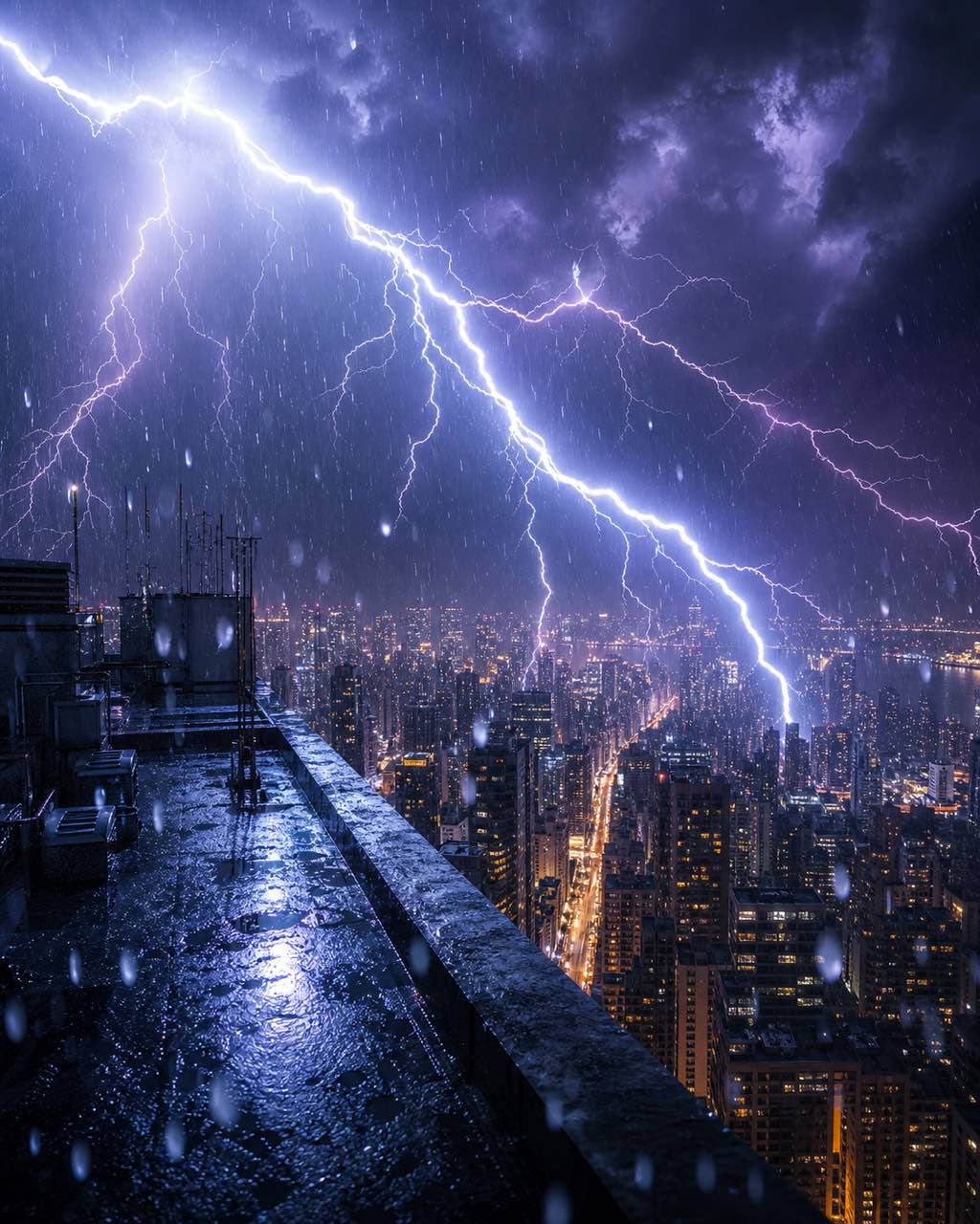 雨夜城市天际线楼顶视角，一道巨型闪电斜穿画面，蓝白强光与深紫阴影，下方琥珀色城市灯光。