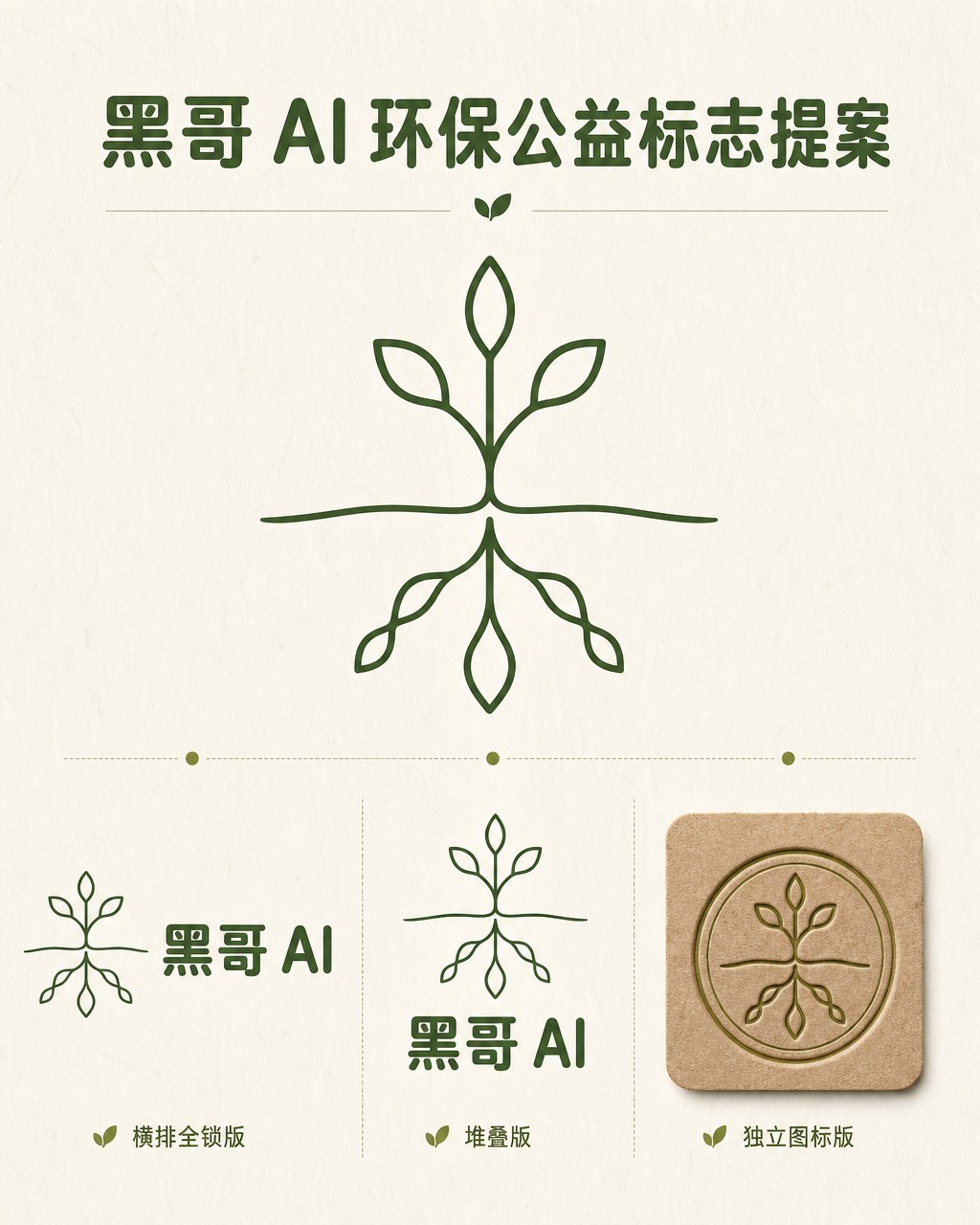Rootwork 环保公益标志，森林绿连续线条对称根茎图标，含字标版和牛皮纸橄榄绿蜡印章版。