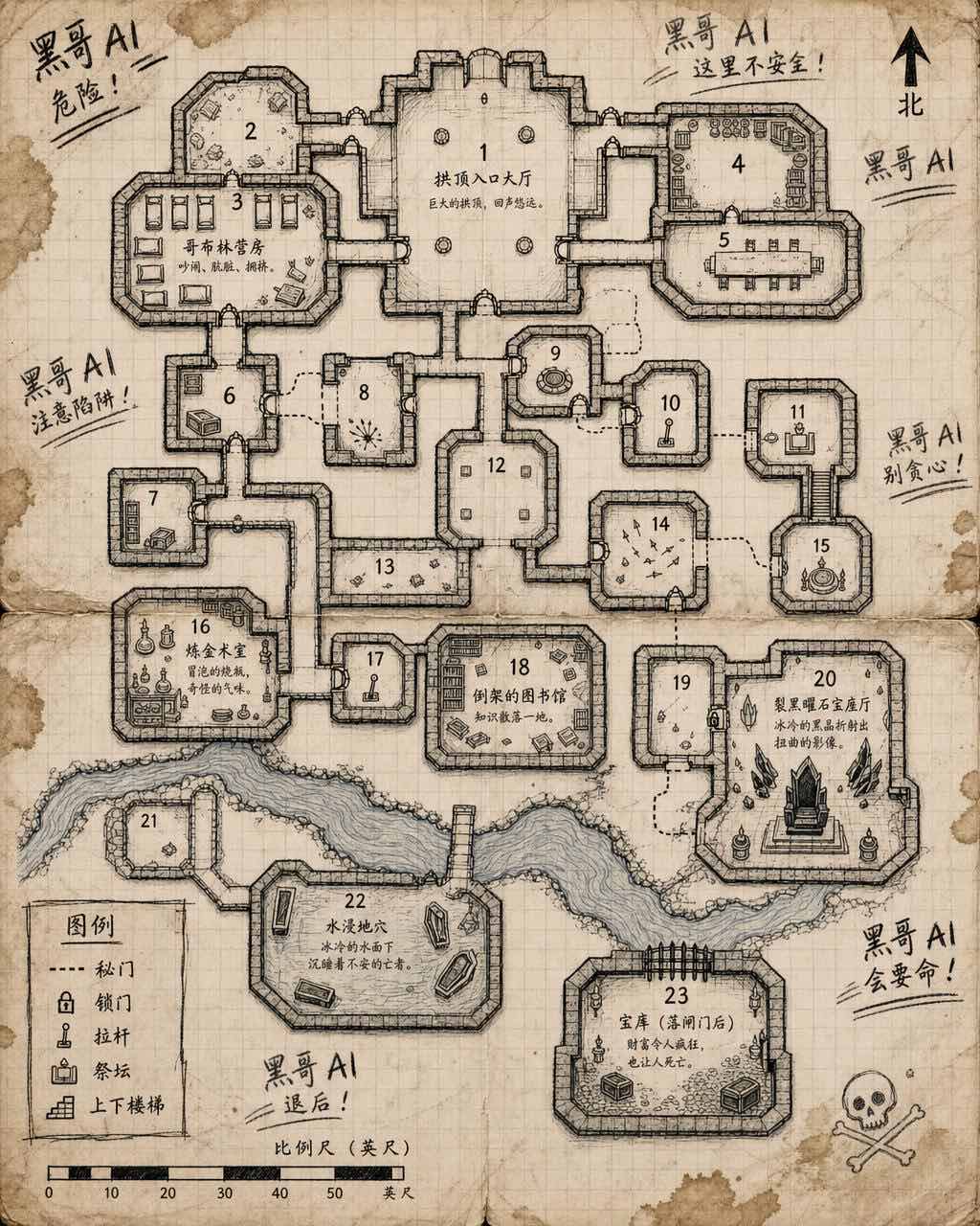 方格纸上的俯视墨绘 RPG 地下城地图：23 个编号房间、秘道和手写警告。