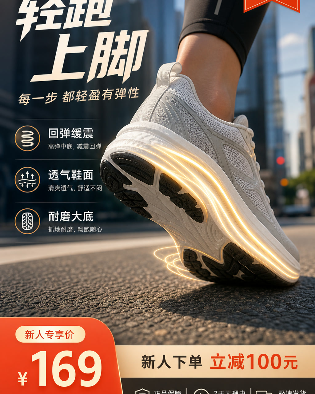 跑鞋缓震卖点图，主文案为「轻跑上脚」，卖点为「回弹缓震、透气鞋面、耐磨大底」。