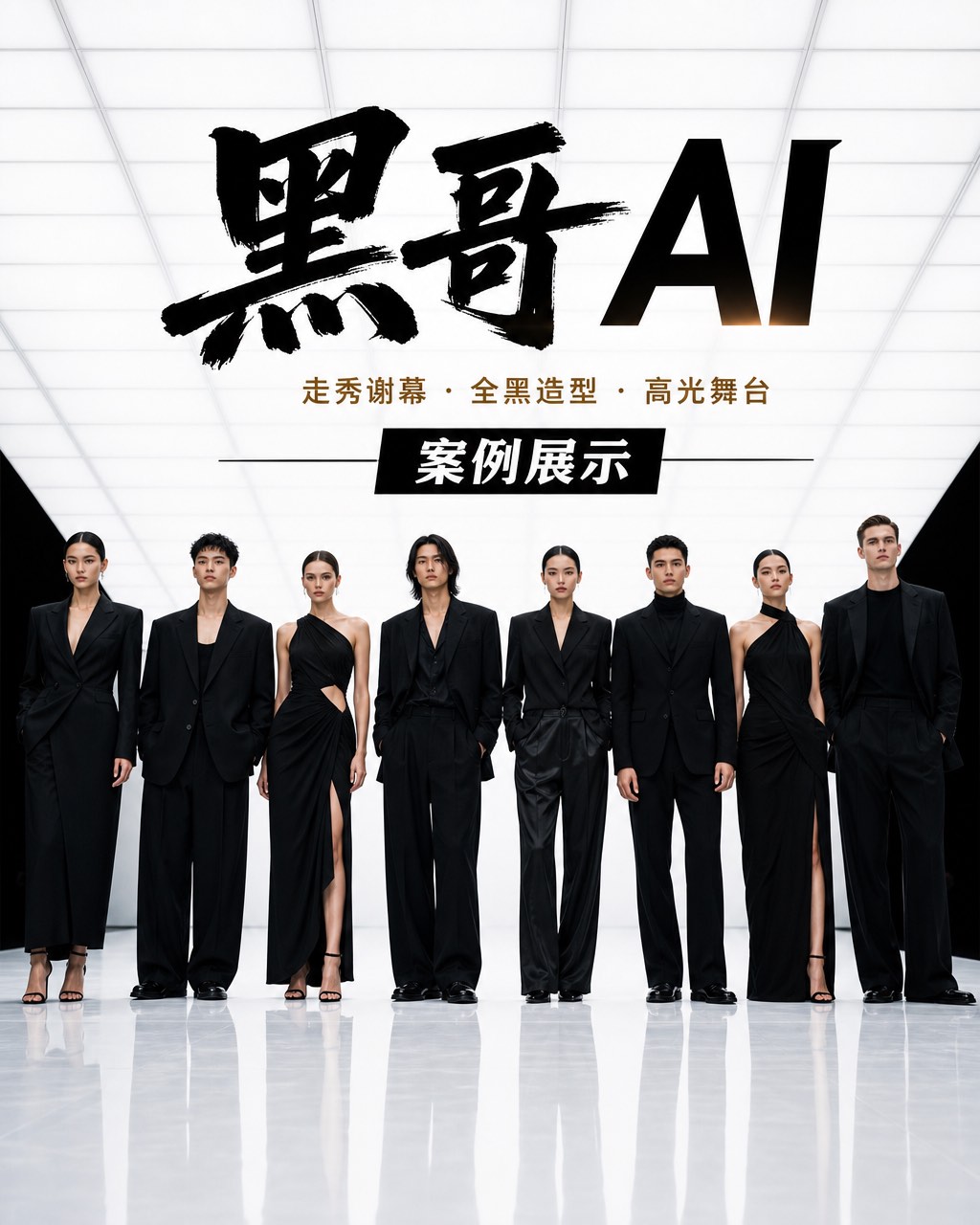 走秀谢幕全排宽幅照，八位模特身穿全黑造型站在高光泽白色舞台上，地板倒影清晰，高调顶光均匀打亮。