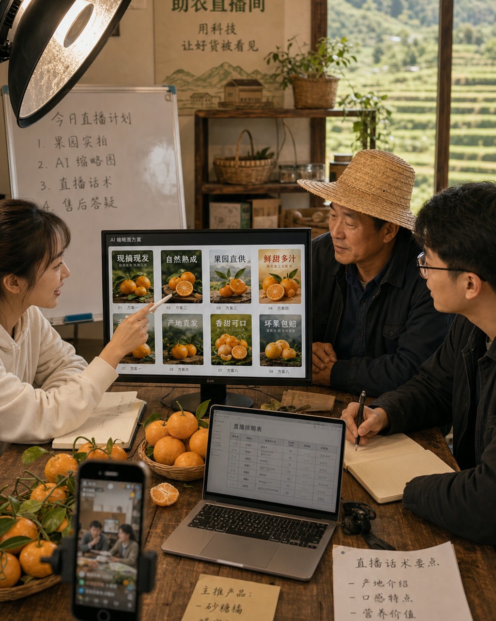乡村电商 AI 缩略图后台案例图，乡村电商直播间后台，主播、农户和运营在木桌前挑选农产品缩略图方案，桌面有柑橘、补光灯、手机支架和笔记本。