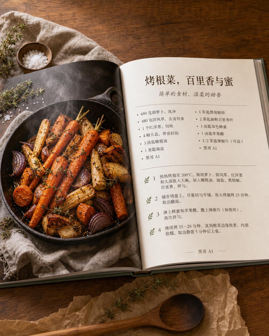 木桌上摊开的食谱书：左页满版铸铁锅烤根菜照片，右页衬线食谱标题 'Burnt Honey Carrots and Parsnips'。