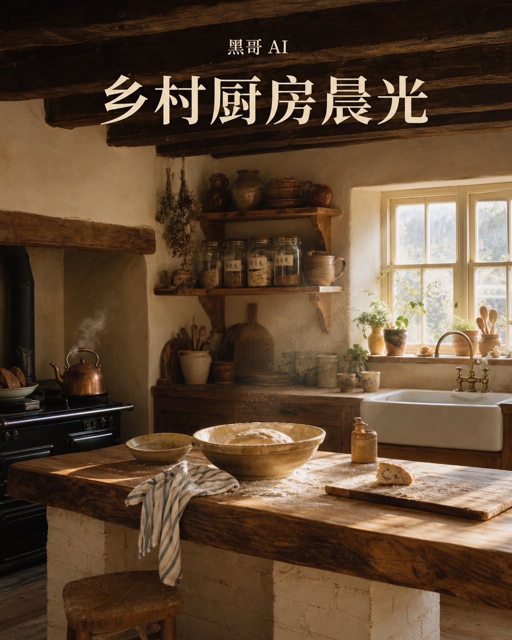 晨光中的乡村农舍厨房：回收榆木岛台上摆放发酵中的酸面团，fireclay 水槽位于上下推拉窗下，铸铁灶上铜壶冒汽。