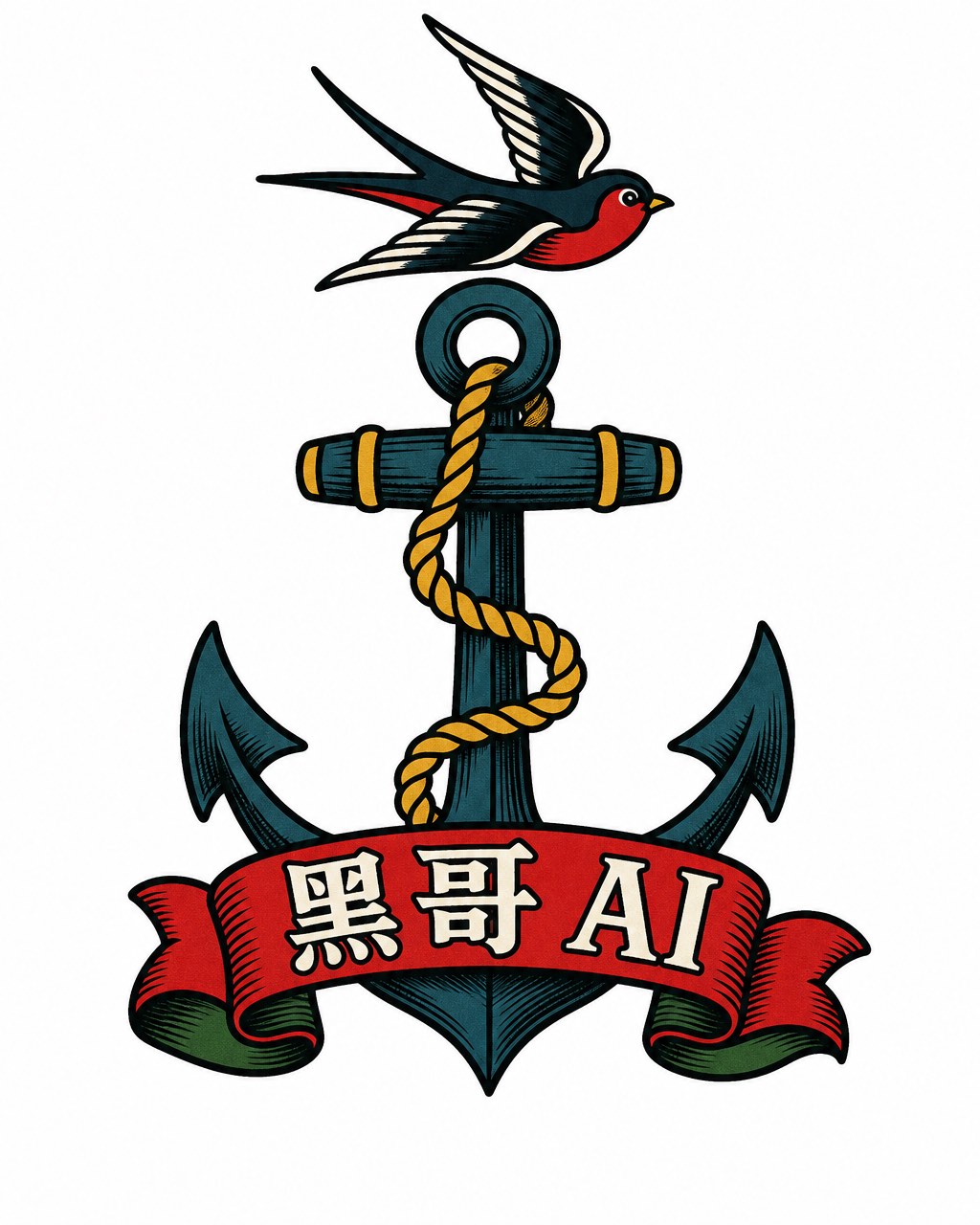 老派水手 tattoo flash：锚配绳索、小燕与 HOLD FAST 横幅，红黄青蓝配色，孤立白底。