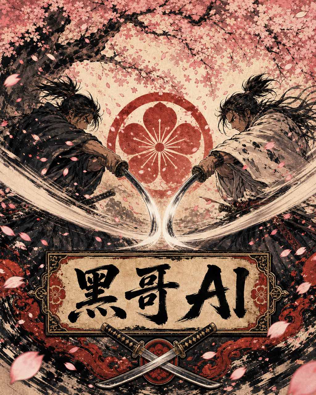 水墨风格动漫画面，两位武士在樱花下对称拔刀，花瓣斜飞，底部毛笔书法题字"Tsubame Ryu"。