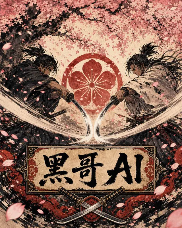 Ink-wash influenced anime still of two samurai mid-draw under cherry blossoms, symmetric speed lines from both blades, petals flying, calligraphy title cartouche reading Tsubame Ryu.