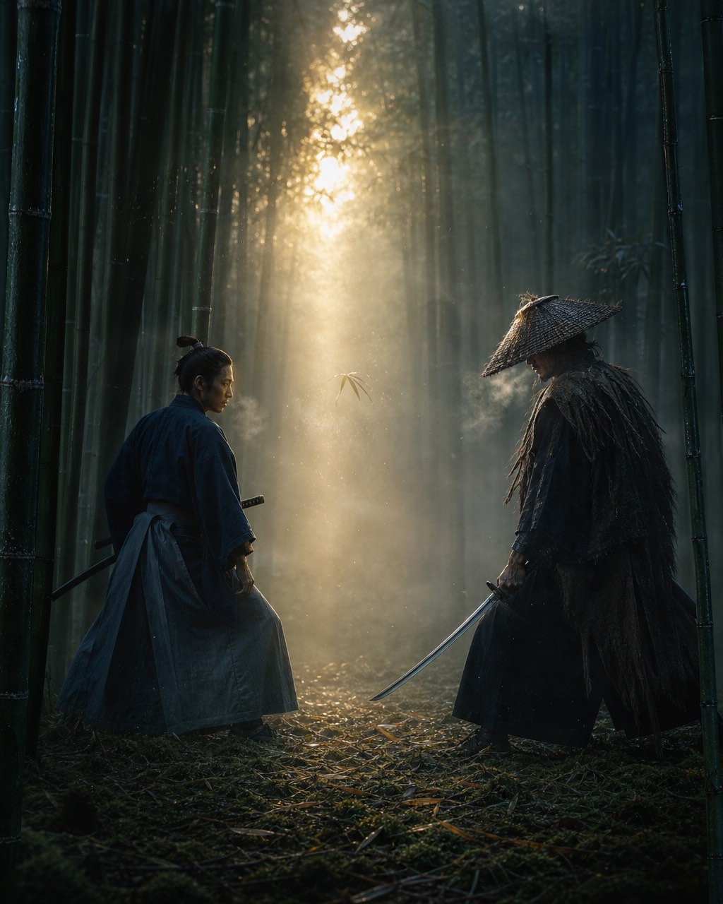 晨雾竹林中两名武士对峙，一人刀未出鞘，另一人低握武士刀，中间悬着一片竹叶。
