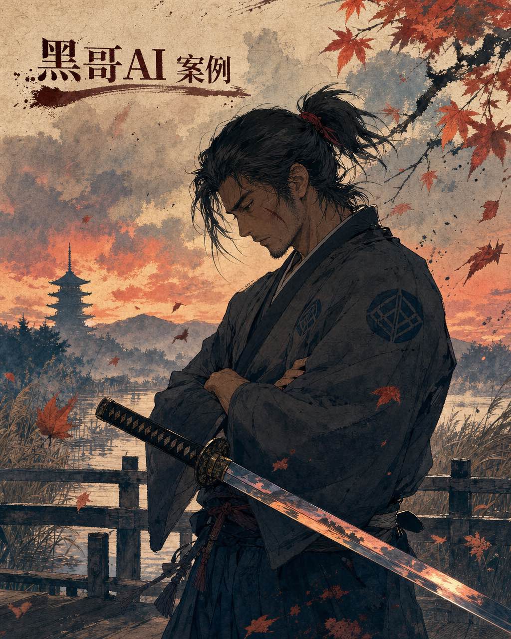 炭灰和服武士站在黄昏木桥上，双臂横托出鞘武士刀，枫叶飘落，河面起雾。