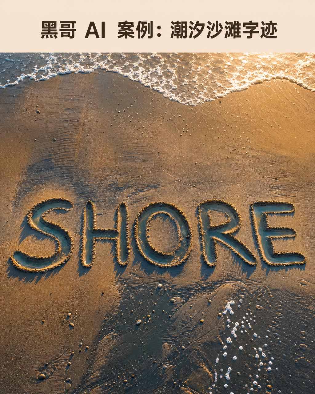 单词 SHORE 以米级高度写于湿沙滩上，无人机高空俯拍，黄金时段阳光在沟槽中投出长影