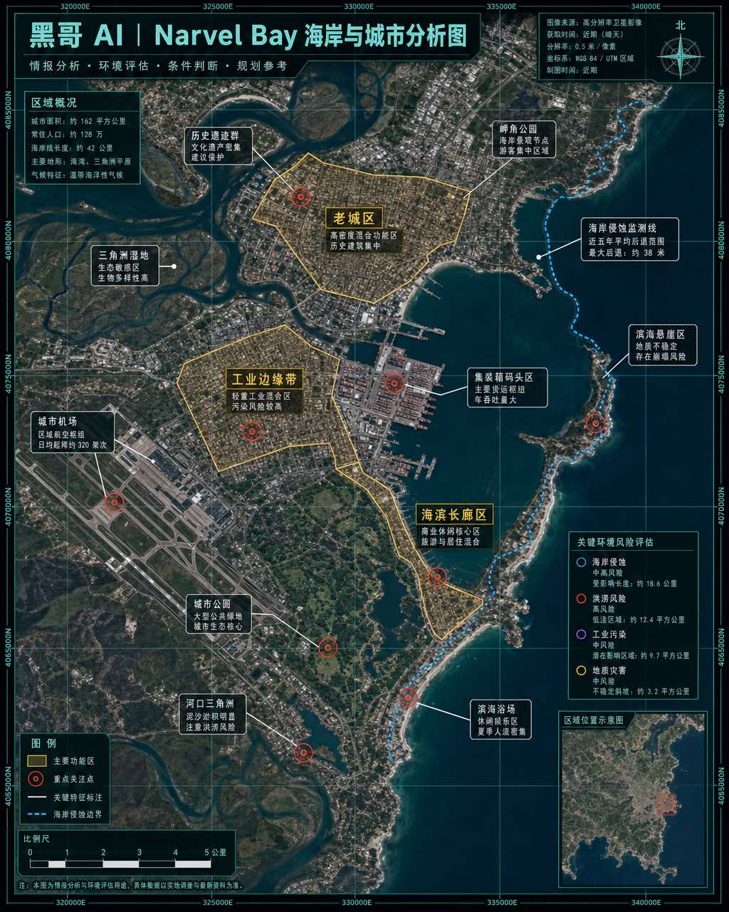 卫星叠加注释地图，区域多边形、指引线、红色兴趣点标记与侵蚀边界虚线