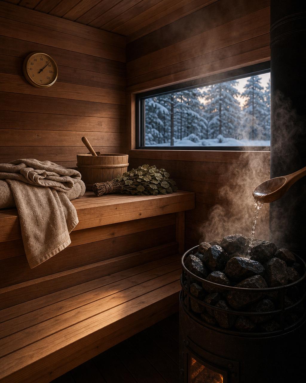 黄昏中的小型雪松桑拿房，黑色柴烧炉河石冒蒸汽，长窗外为雪压松林。