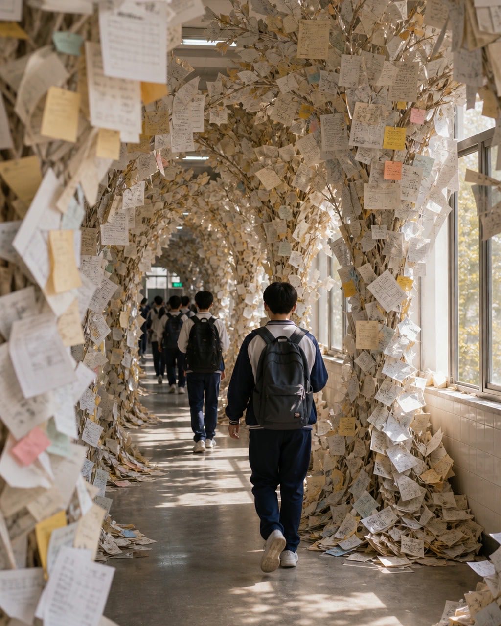 学校走廊纸张森林案例图，普通学校走廊变成由试卷和便签构成的纸张森林，学生背影穿过，文字不可读，阳光从窗户照入。