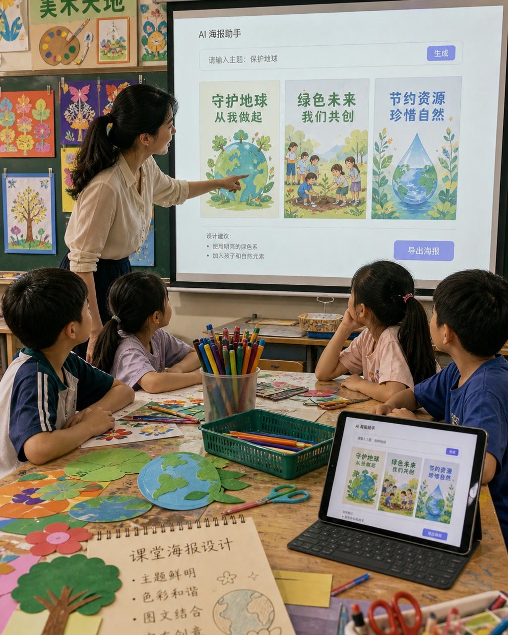老师用 AI 做课堂海报案例图，小学美术教室，老师在投影旁和学生一起看 AI 生成的课堂海报草稿，桌上有彩笔和剪纸，儿童表情真实自然。