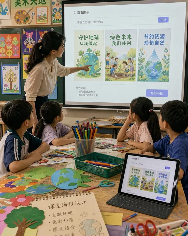老师用 AI 做课堂海报案例图,小学美术教室,老师在投影旁和学生一起看 AI 生成的课堂海报草稿,桌上有彩笔和剪纸,儿童表情真实自然。