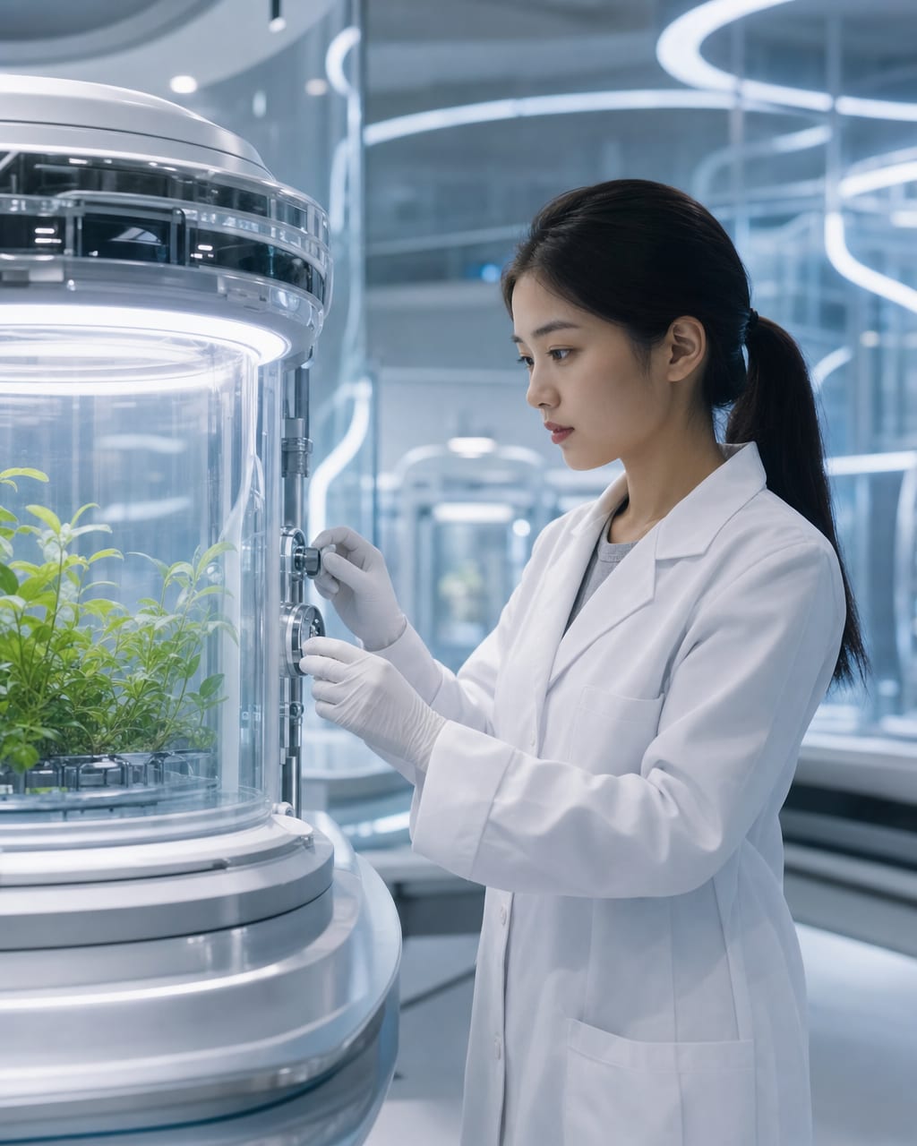 科幻实验室研究员人像：一位研究员穿浅灰实验服站在透明实验台前，手套和护目镜反射冷光，未来感实验室，背景有柔化的仪器灯条和玻璃隔断，不出现可读数据文字。