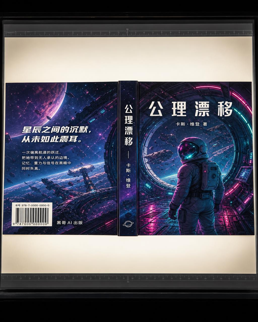 科幻小说全幅护封展开图，青色与品红霓虹空间站插图横跨封面、书脊与封底，包含标题、简介及条形码。