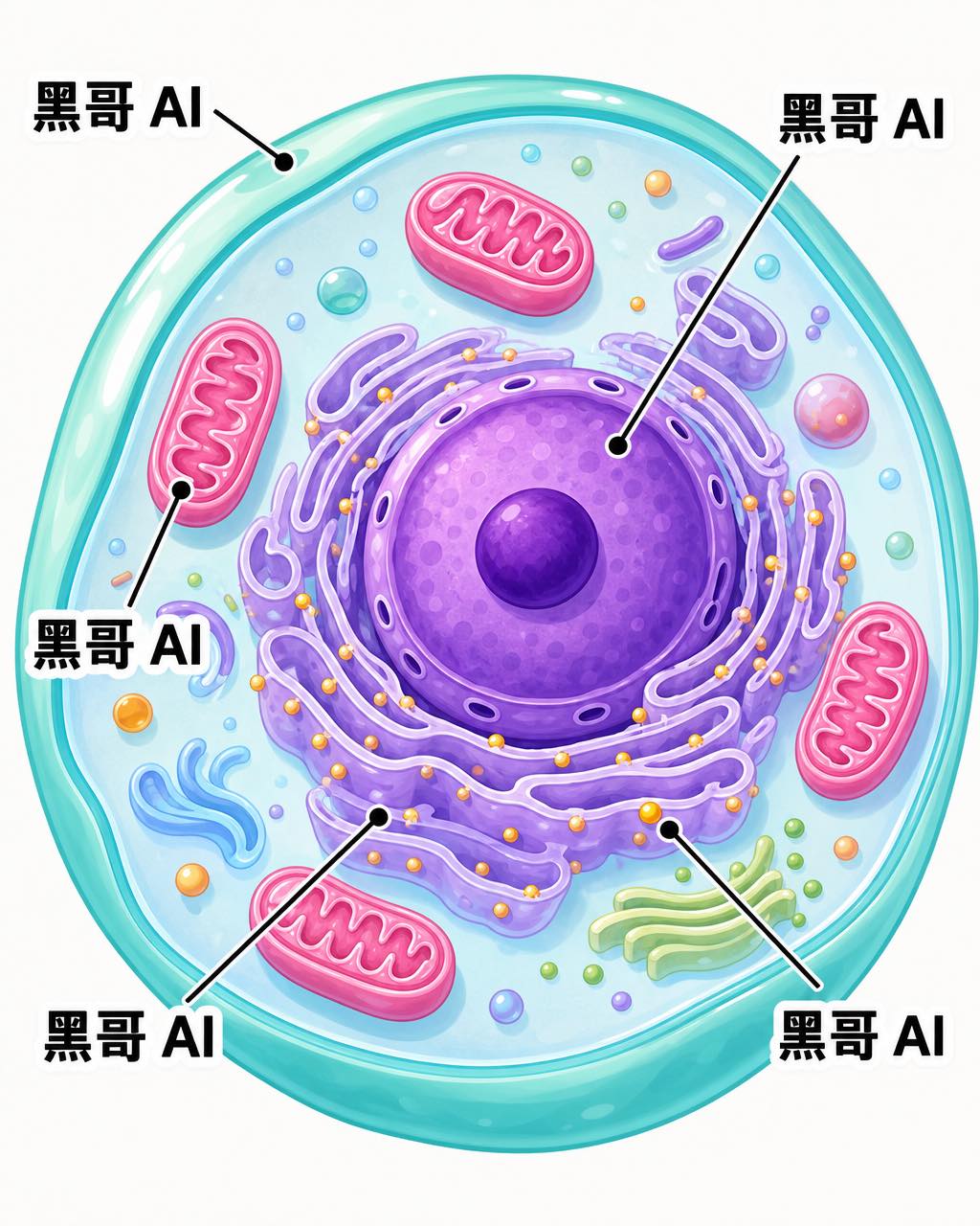 儿童科学书扁平插图：动物细胞截面，各细胞器以青绿、紫色、粉色、金色标注于白底。