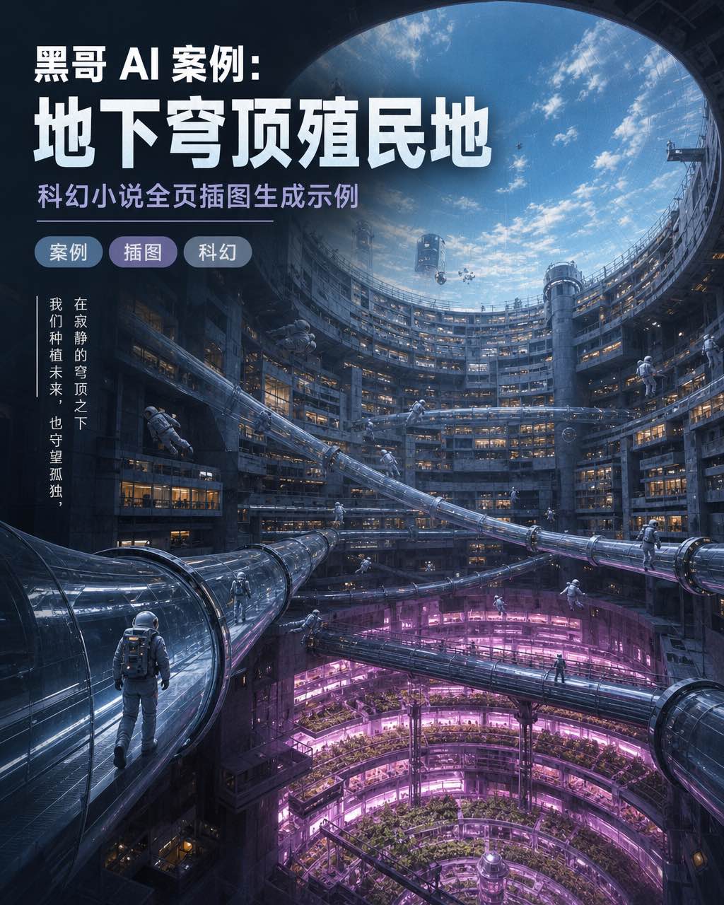科幻截面插图：地下殖民地穹顶，层叠居住舱、水培农场与人造蓝天天花板。
