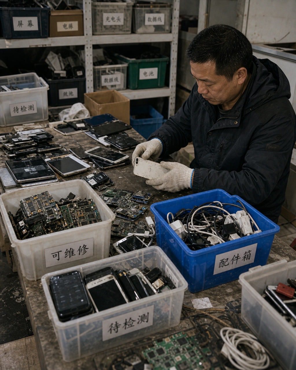 二手电子产品分拣桌案例图，二手电子回收店后间，工作人员分拣旧手机、线缆和电路板，戴手套，光线朴素，强调真实回收流程。