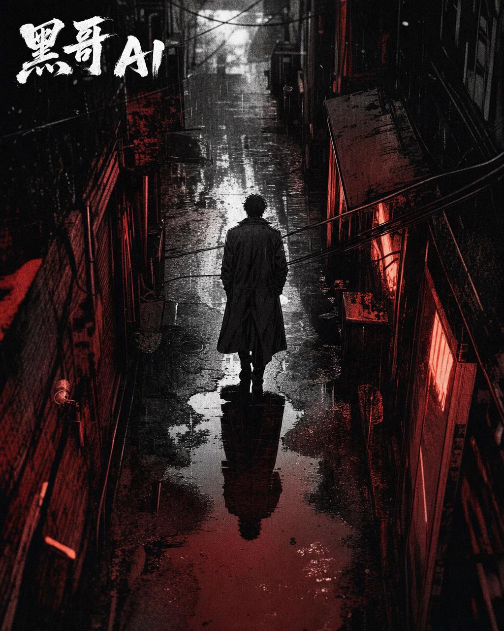 近黑白动漫画面，俯拍风衣人物走过雨夜霓虹巷道，深红霓虹倒影，左上角字幕"Yoru no Kemono"。