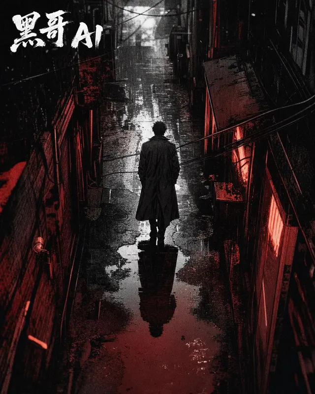 Near-monochrome anime still of a trench-coated figure walking down a rain-soaked neon-lit alley seen from above, deep-red neon reflections, title Yoru no Kemono at upper-left.