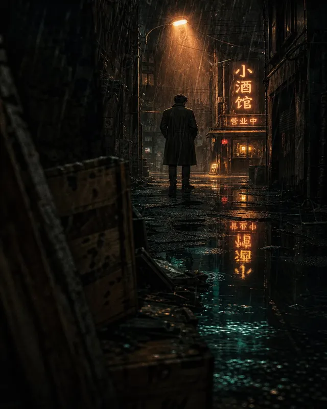 Seinen anime illustration of a trench-coated man in a rain-slicked neon-lit alley at night, moody amber and near-black palette.