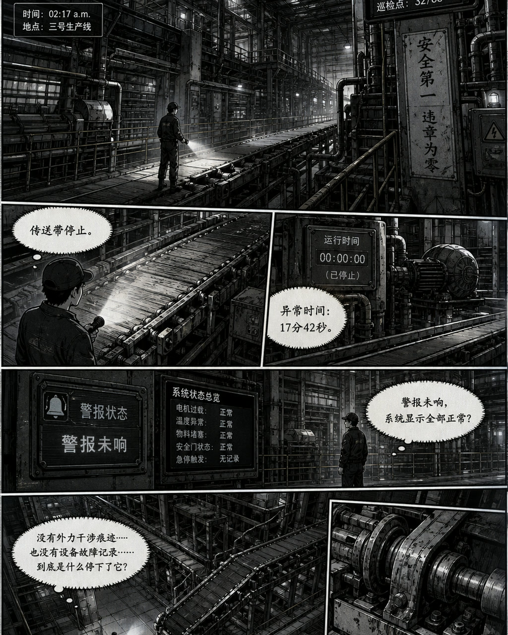 青年漫画工厂夜班，原创漫画风格样本，包含清晰漫画版式、角色动作和可见中文标题。