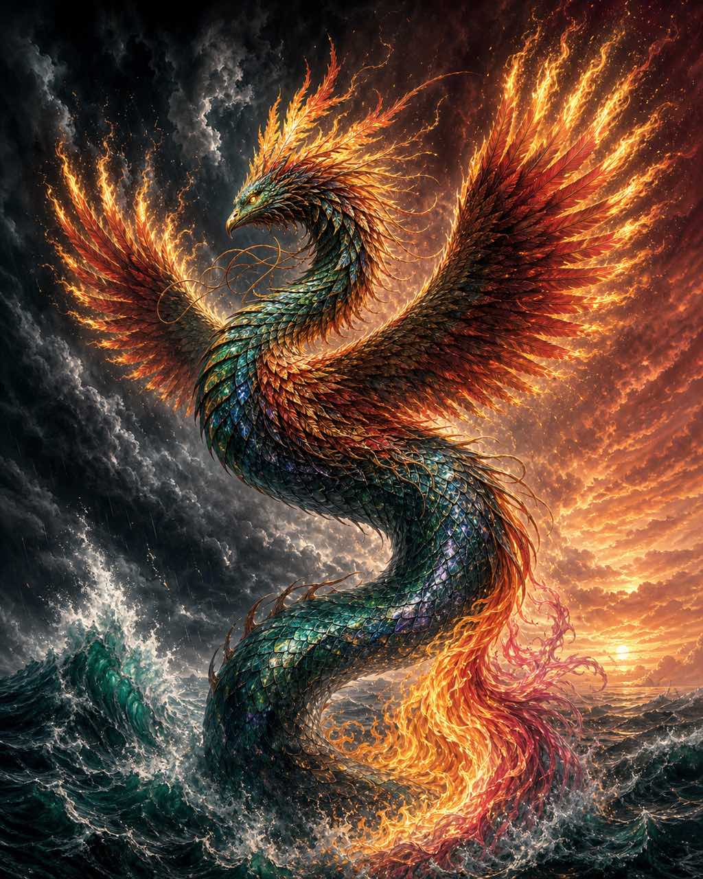 巨型混合神兽：翡翠蛇鳞下身过渡为铜朱砂色凤凰羽翼，S形腾升于暴风大海与燃烧落日之间。