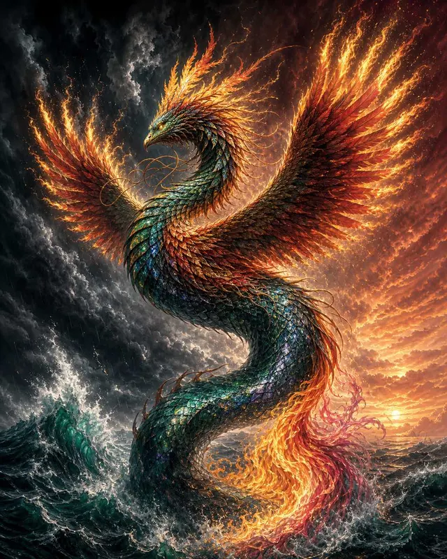 巨型混合神兽:翡翠蛇鳞下身过渡为铜朱砂色凤凰羽翼,S形腾升于暴风大海与燃烧落日之间。