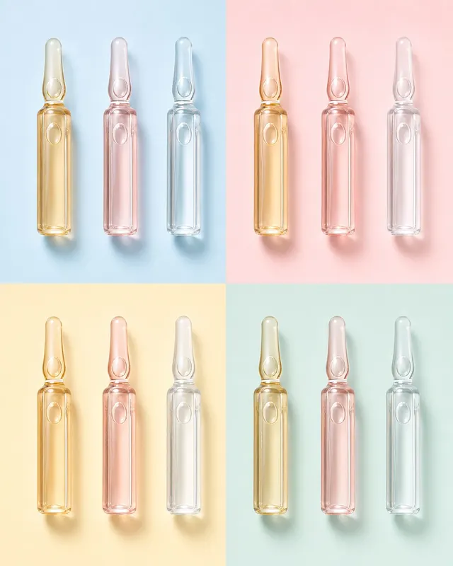 Nine rose serum glass ampoules in a 3x3 grid on mint-green plaster surface, each with identical shadows, one cap removed as usage cue.