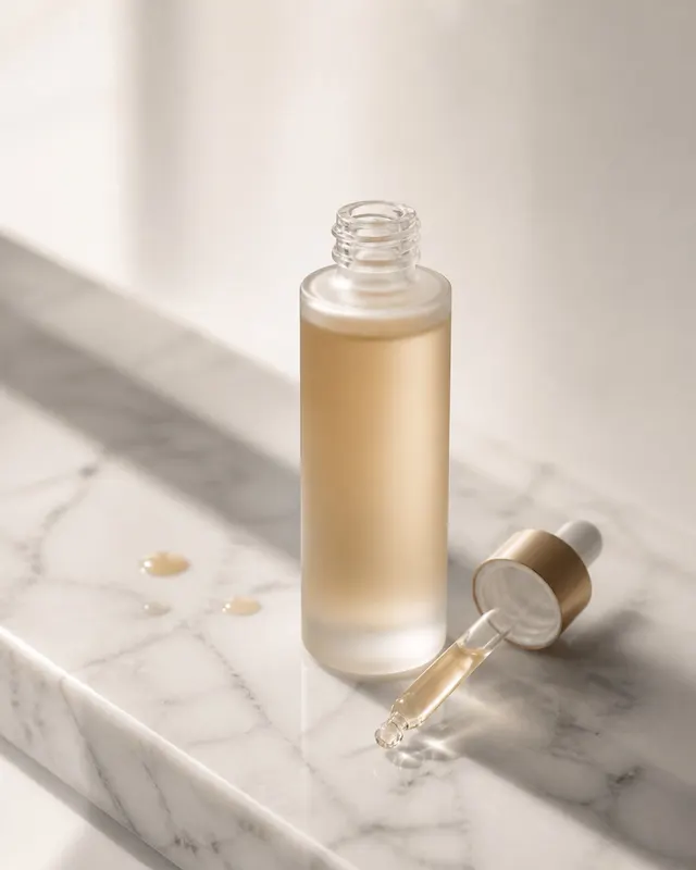 Frosted amber serum bottle on white marble with a glass dropper pipette, soft window light from the left.