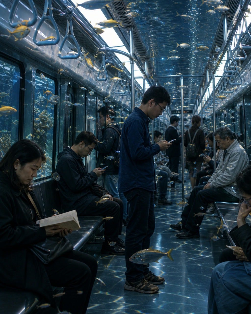 上海地铁漂浮水族馆案例图，上海地铁车厢被想象成安静漂浮水族馆，乘客保持日常姿态，透明鱼群在扶手间游动，真实摄影质感与超现实结合，无可读广告。