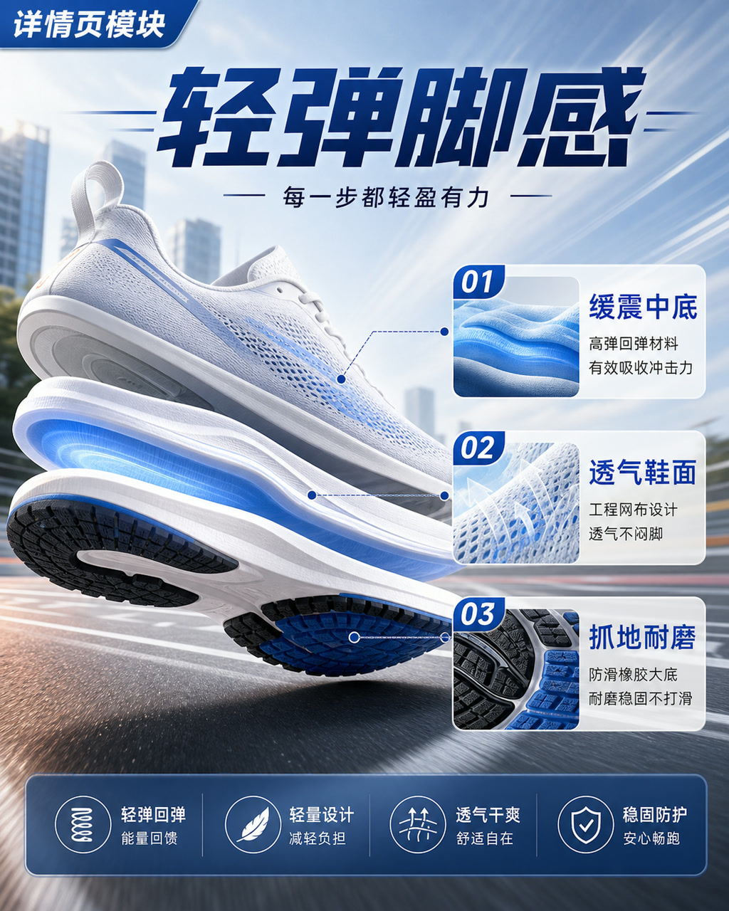 跑鞋鞋底详情图，主文案为「轻弹脚感」，卖点为「缓震中底、透气鞋面、抓地耐磨」。