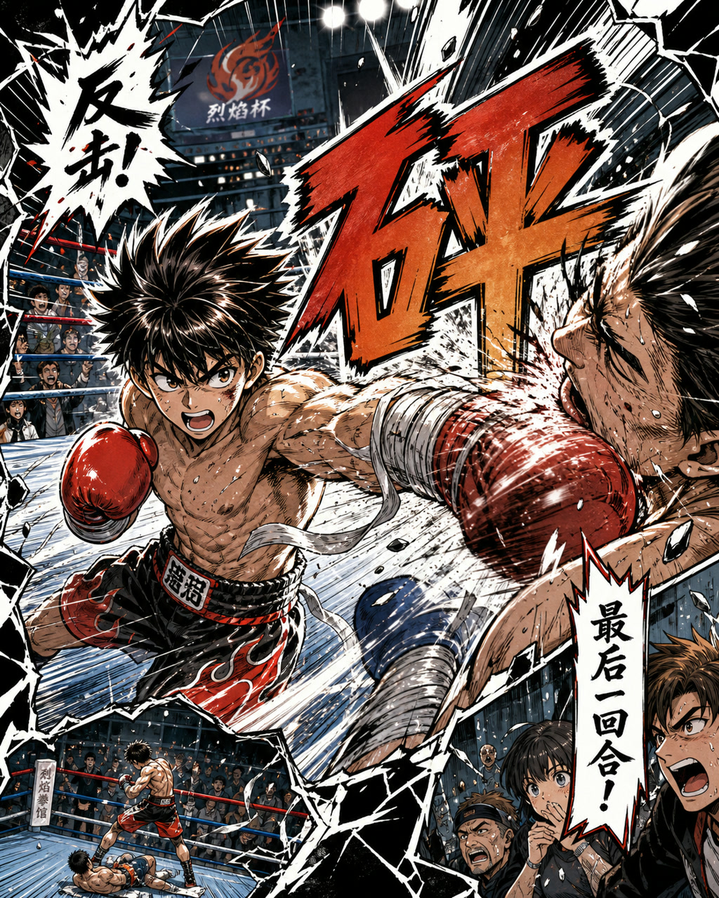 少年漫画速度线重拳，原创漫画风格样本，包含清晰漫画版式、角色动作和可见中文标题。