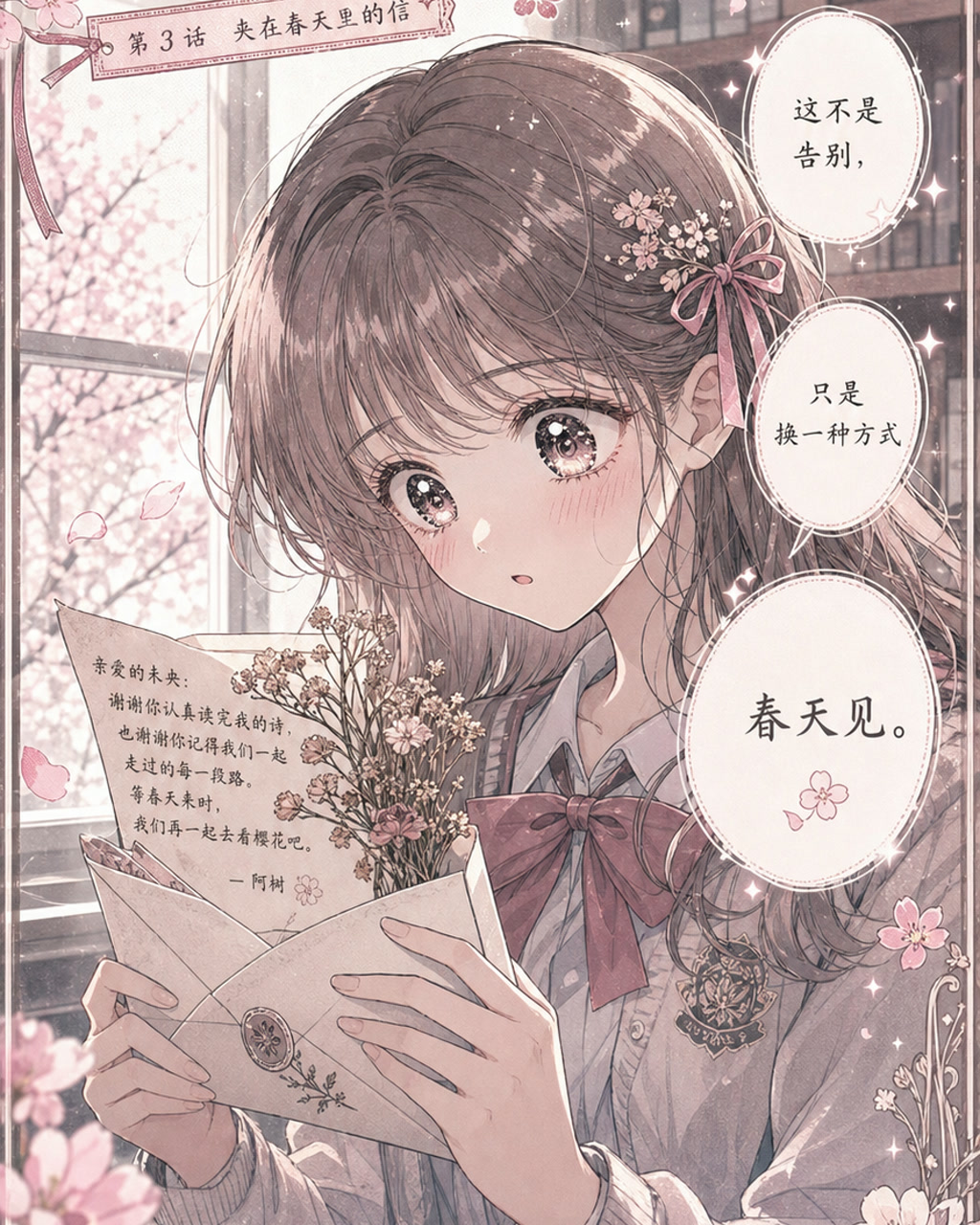 少女漫画花信，原创漫画风格样本，包含清晰漫画版式、角色动作和可见中文标题。