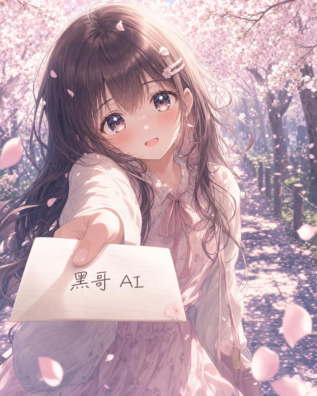 少女漫画风格，樱花下递信的少女，柔和粉彩配色，花瓣飘落。