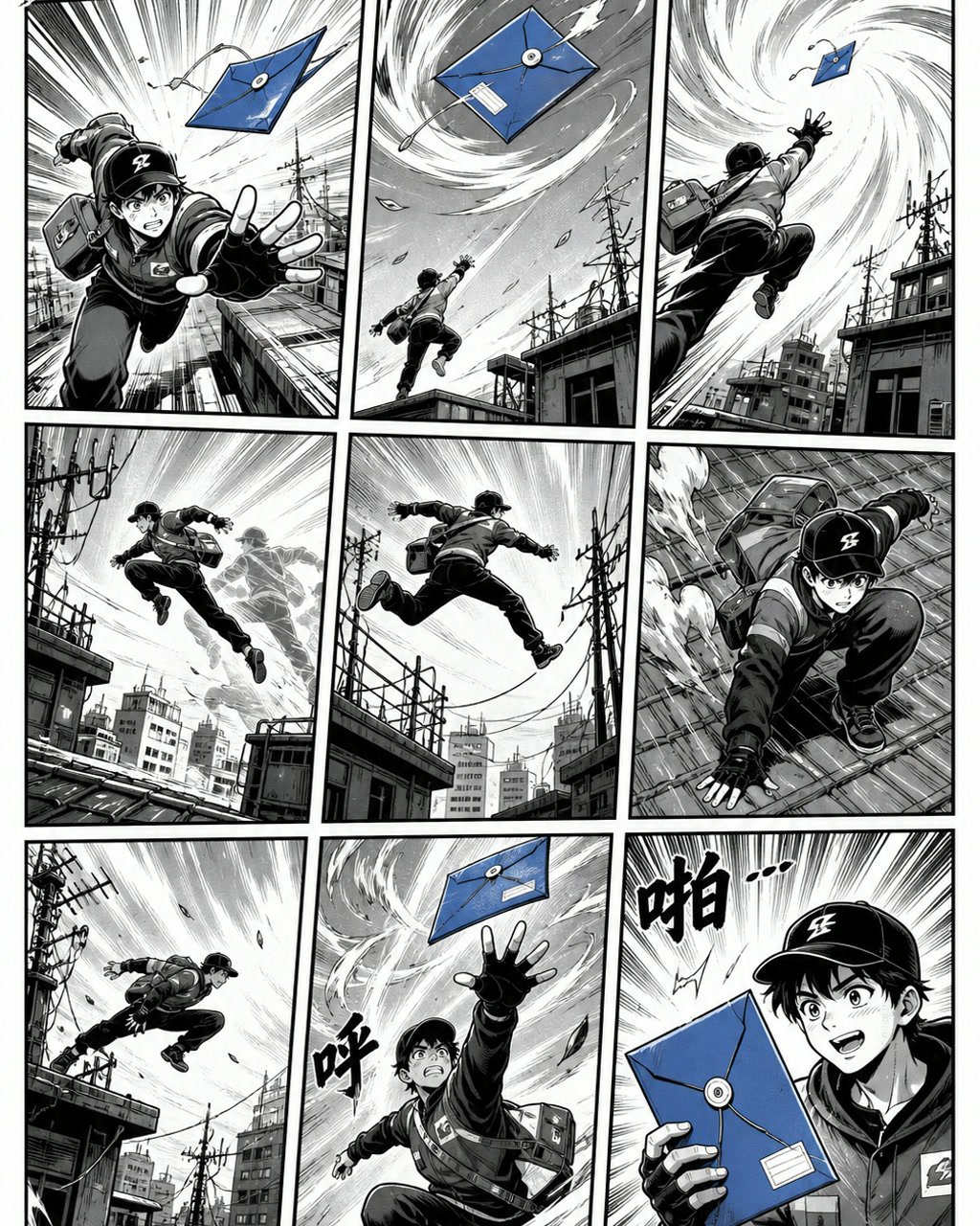 无字动作屋顶追逐，原创漫画风格样本，包含清晰漫画版式、角色动作和可见中文标题。