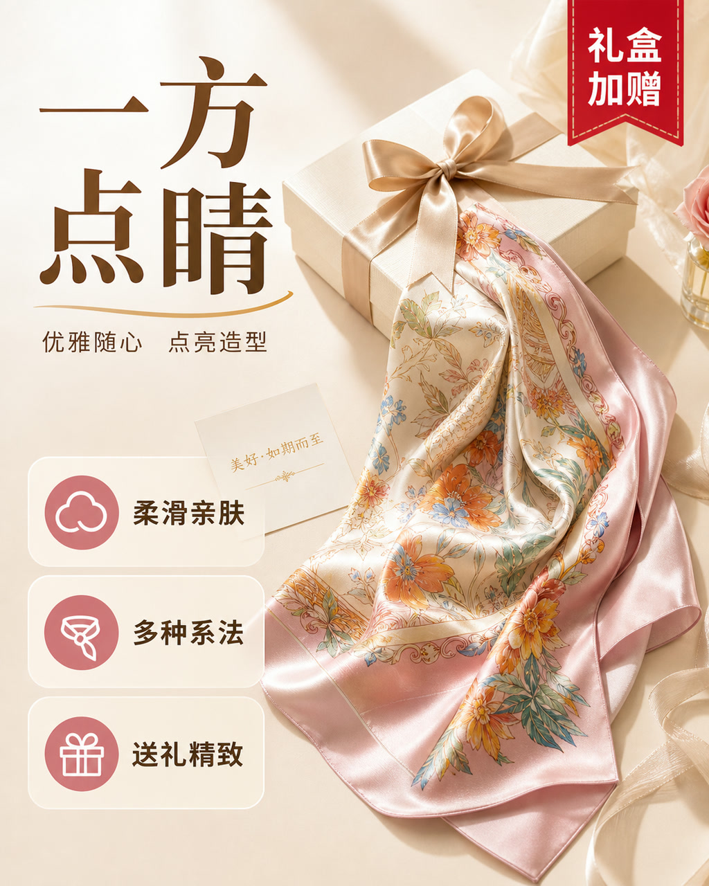 真丝方巾礼物图，主文案为「一方点睛」，卖点为「柔滑亲肤、多种系法、送礼精致」。